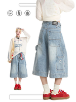 Y2K Street Vintage Washed Cat Whiskered Style Wide Leg Bermuda Jeans Knee Length Denim Jorts Casual Shorts Cropped Trousers