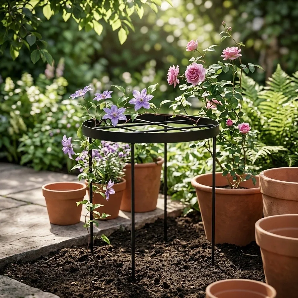 Black Iron Climbing Trellis Support Rack for Dahlias Gladiolus and Perennials Garden Flower Stakes Outdoor Indoor Use 18.9in Top