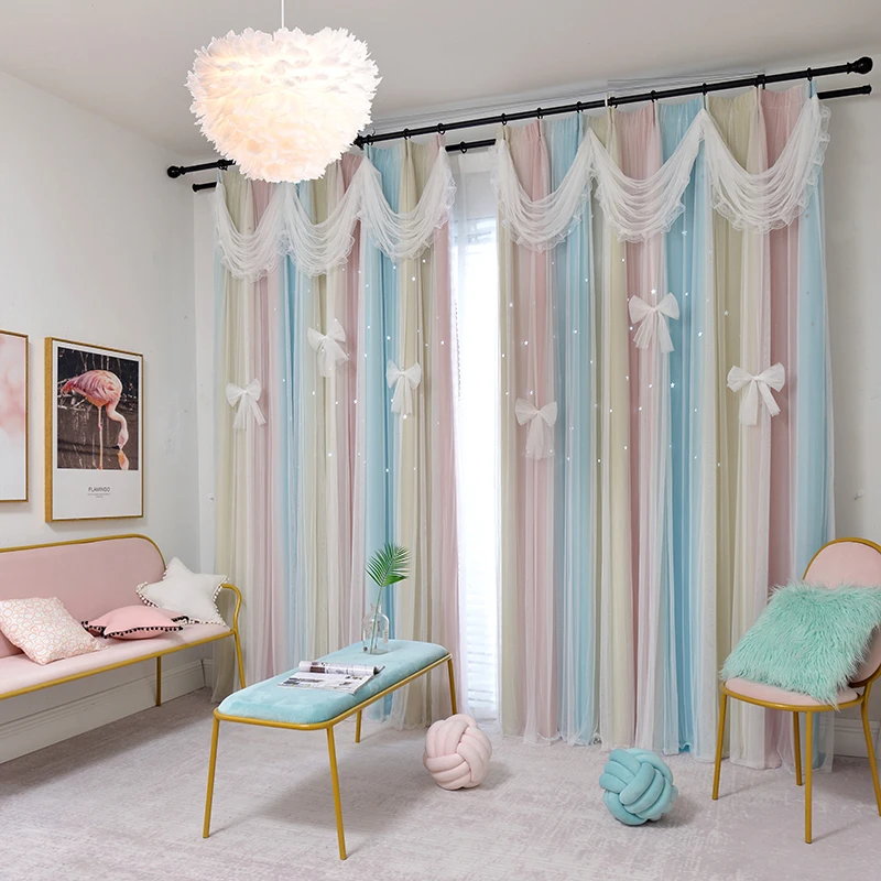 Princess Blackout Curtains with Valance 2 Layers Korean Full Shading Cortinas Cloth Curtains for Girl's Bedroom