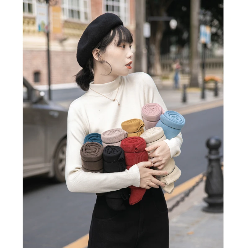 

Slim Fit Long Sve f High Collar Base irt Women's Autumn Winter Knitted Top Bla Color Commute Sle Korean Version