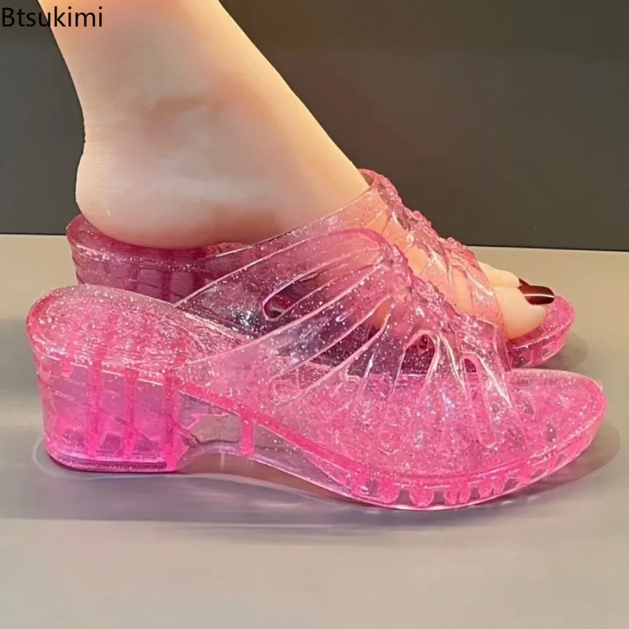 New Summer Women's Slippers Wedges Sandals Transparent Crystal Shoes Female Flip Flops Hollow Out Thick-soled Anti-slip Footwear view 2