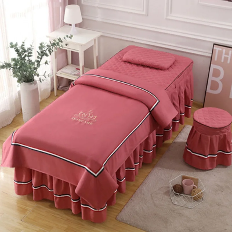 Xuancai-Embroidery Beddings Sets for Beauty Salon, Massage, Spa, Tuina, Bedskirt, Pillowcase, StoolCover, Dulvet Cover, 4Pcs