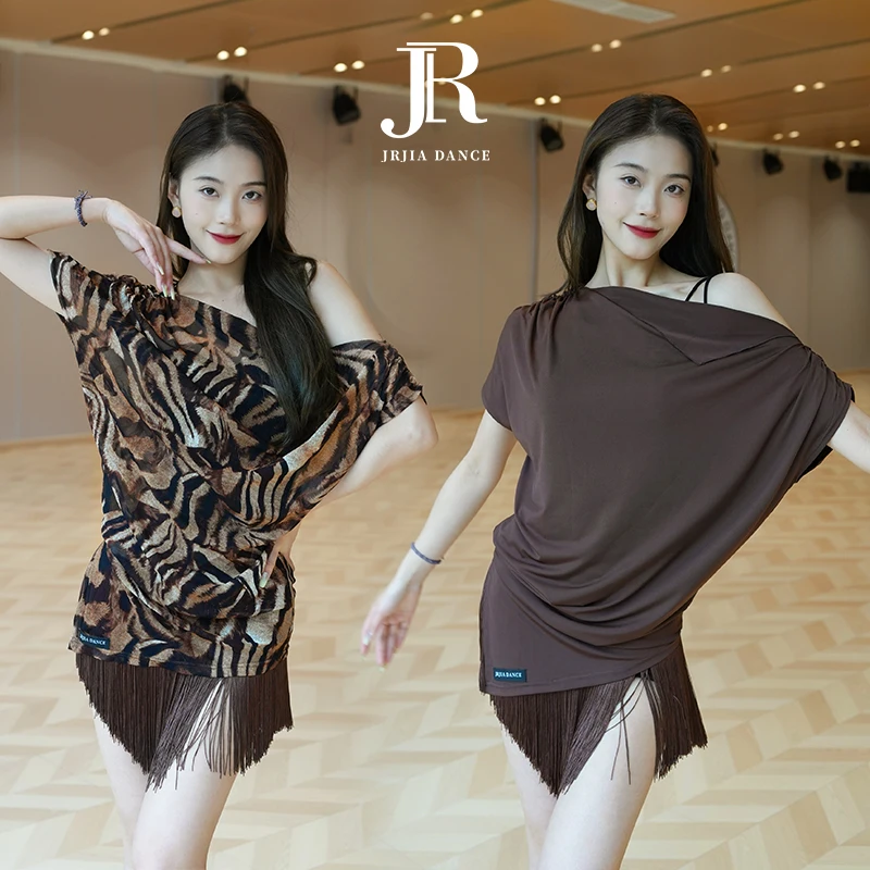 new-jiadance-women's-latin-dance-top-shoulder-baring-short-sleeve-practice-uniform-summer-lightweight-fitness-sportswear