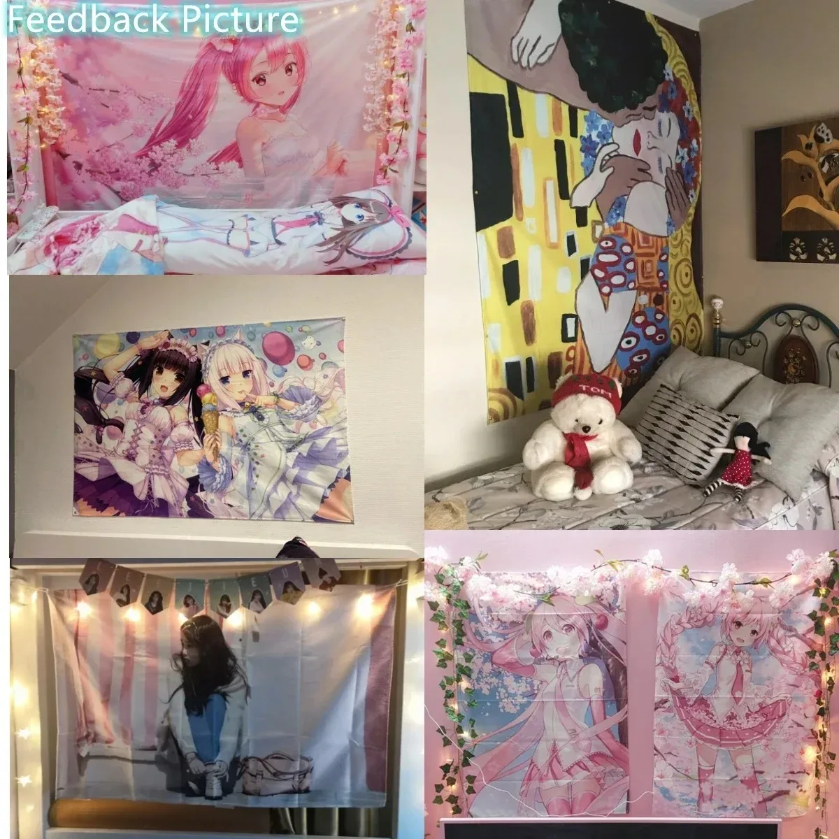 Lucky Star Vier Niedliche Anime-Mädchen Rosa Hintergrund Wandteppich Kawaii Wandbehang – Detail 4