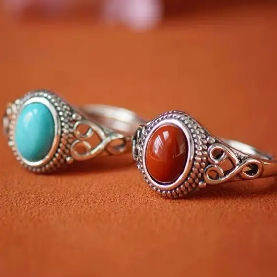 

Mongolian Ethnic Style S925 Sterling Silver South Red Turquoise Ring Retro Be All-match Women