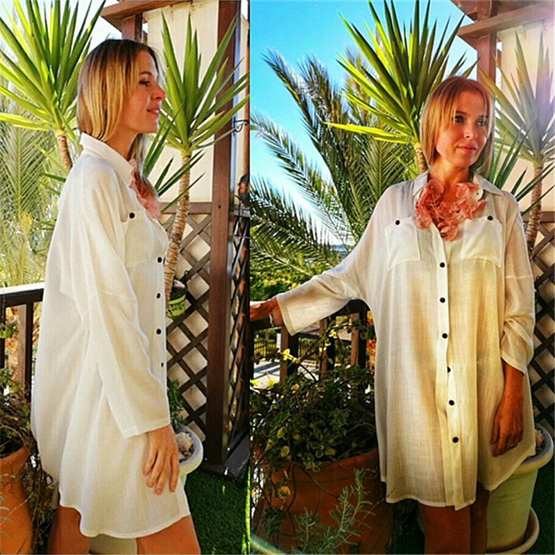 Women Summer Fashion Beach Tops Swimsuit Cover Up Summer Long Sleeve White Pocket Button Front Open Shirt Dress N648