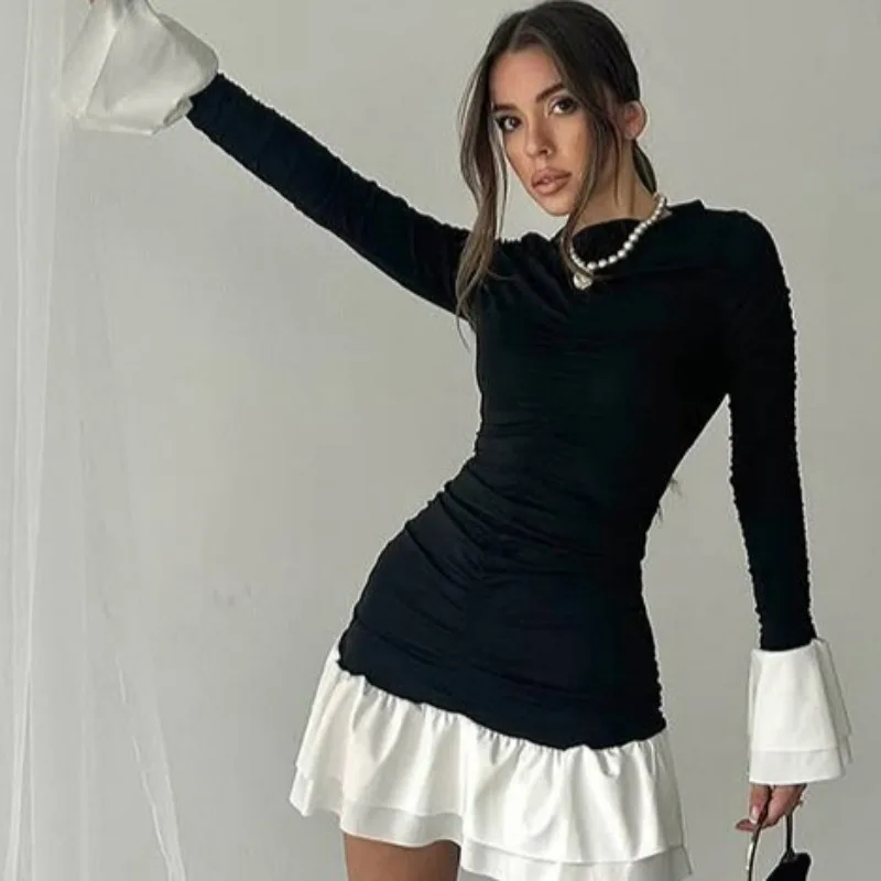 pure stylish color-blocking dress ruffled edges elegant stylish women features round-neck long-sleeved pleated waist-cinching
