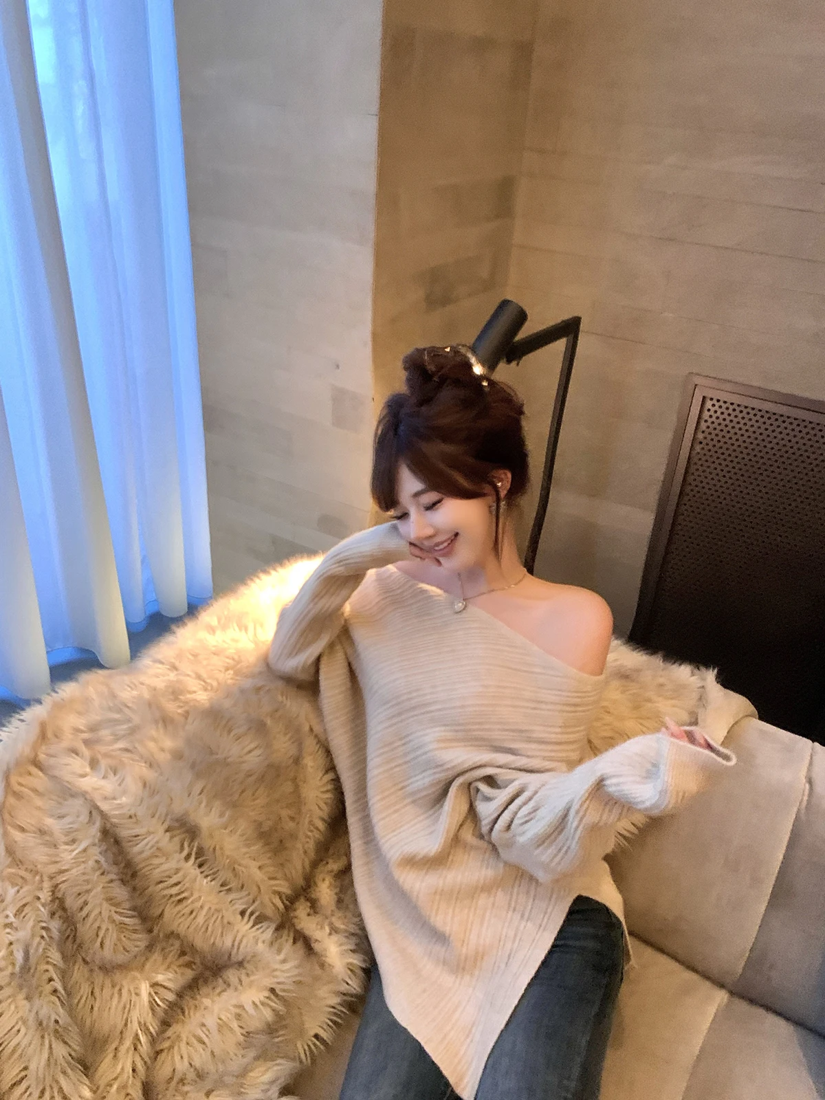 

oulder Baring Loose Knitted Sweater Women's Autumn Batwing Sve Inner Wear Casual Comfortable Polyester Blend Long Sve...