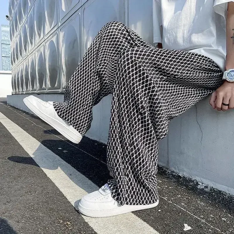 GELITAYIN Men's Casual Pants Hip Hop Plaid Trousers Male Wide Loose Streetwear Summer New In Stylish Fashion Korean Style Sale C