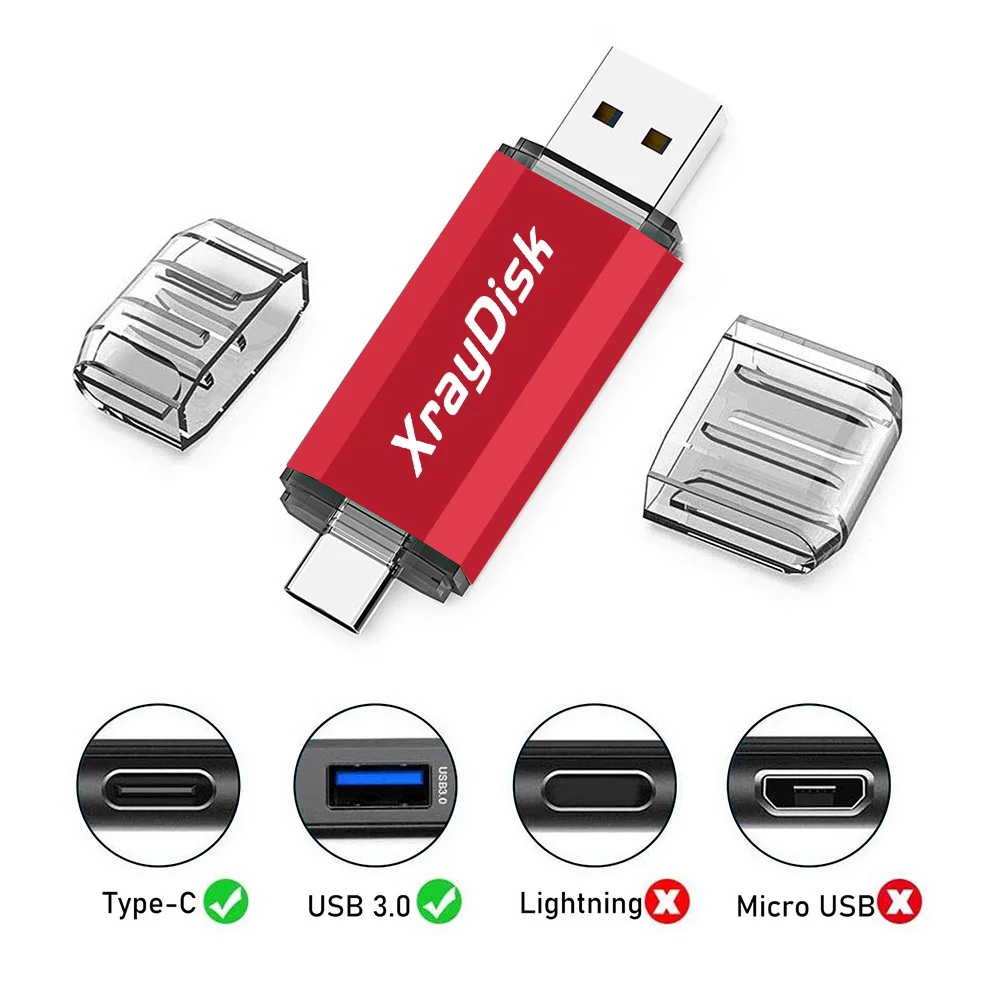 Xraydisk USB C 타입 플래시 드라이브, 외부 저장 데이터 포함, 2 in 1 Otg USB 3.0 썸 드라이브 메모리 스틱, 32GB, 64GB, 128GB, 256GB