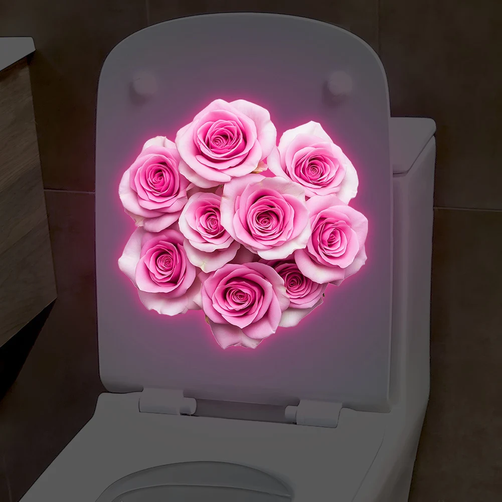 Pink Rose Glow in the Dark Sticker for Bathroom Interior Decor on Smooth Non Porous Surfaces Including Ceramic and Tile