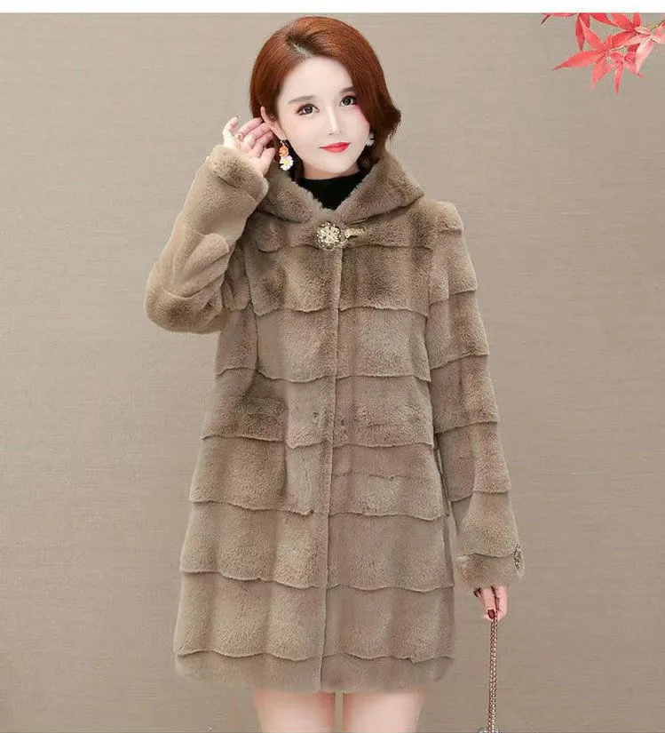 معاطف نسائية من فرو المنك الصناعي سترات متوسطة الطول مع قلنسوة وأكمام طويلة واحدة الصدر سميكة دافئة من الفرو غير رسمية لخريف وشتاء 2025 #4