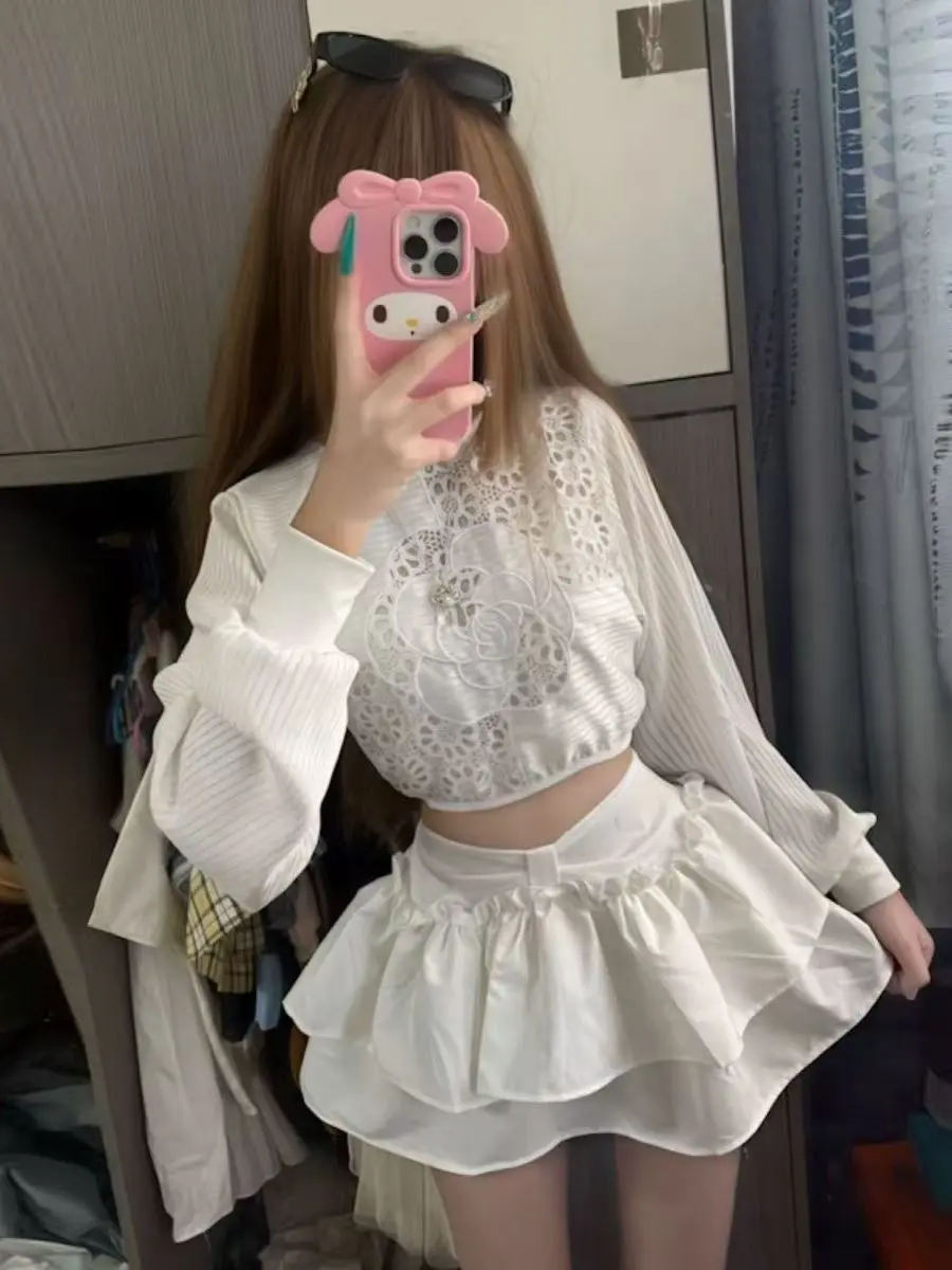 Korean Sweet Anti-Aging Early Autumn Short Tea Rose Hollow out Shirt Half Skirt Two-Piece Set Women's Fashion Ensemble