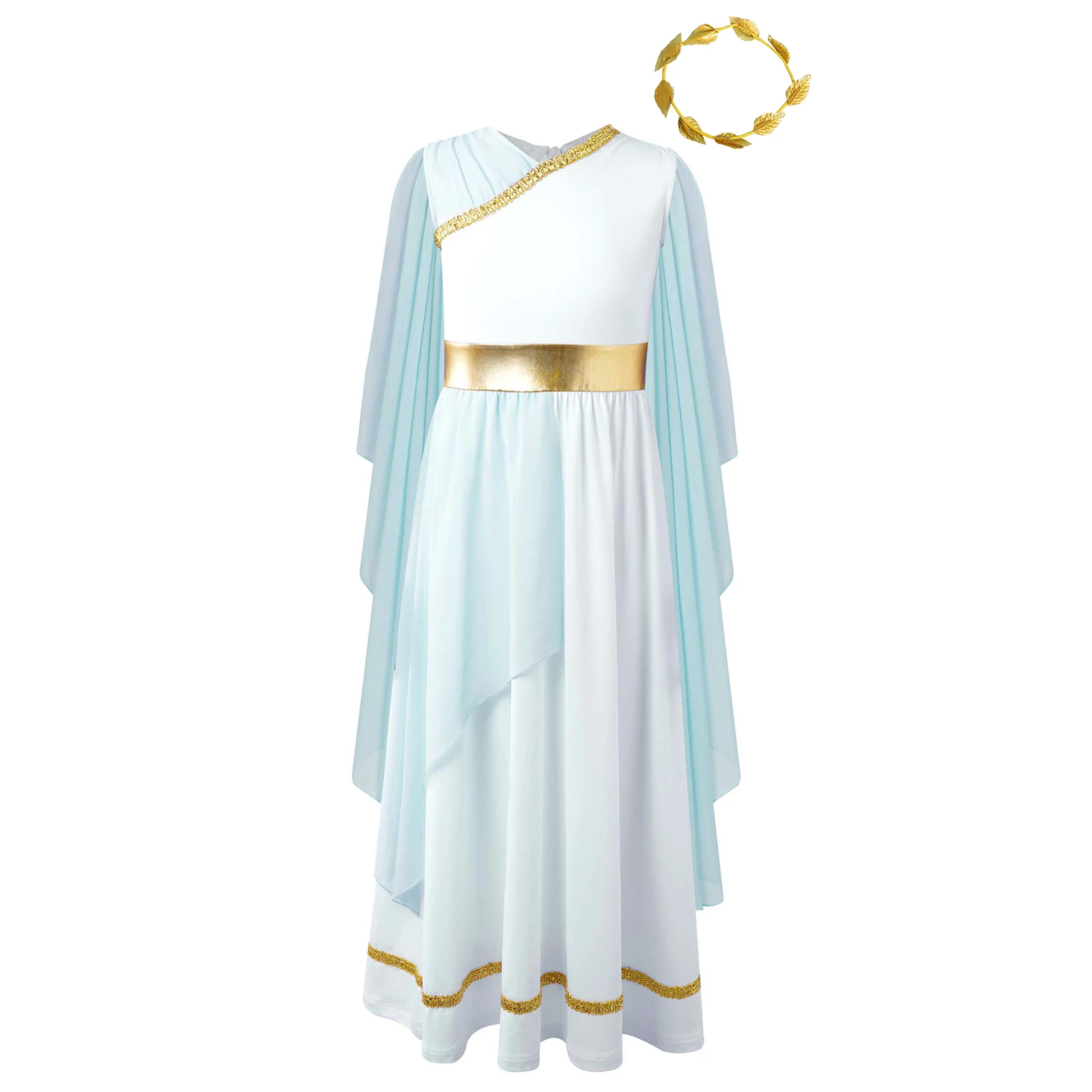 Kids Girls Princess Ancient Greek Dress Halloween Party Costume Sleeveless Tulle Shawls Toga Robe and Gold Leaves Headwear