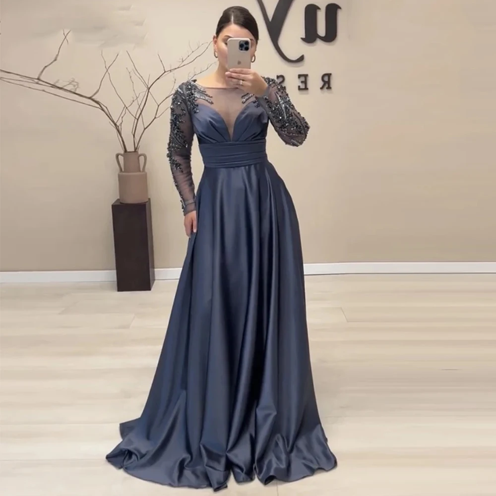 Elegant Women's Evening Dresses For Wedding Satin Beaded Long Sleeves Prom Gowns Arabic Celebrity Party Formal Occasion Dresses