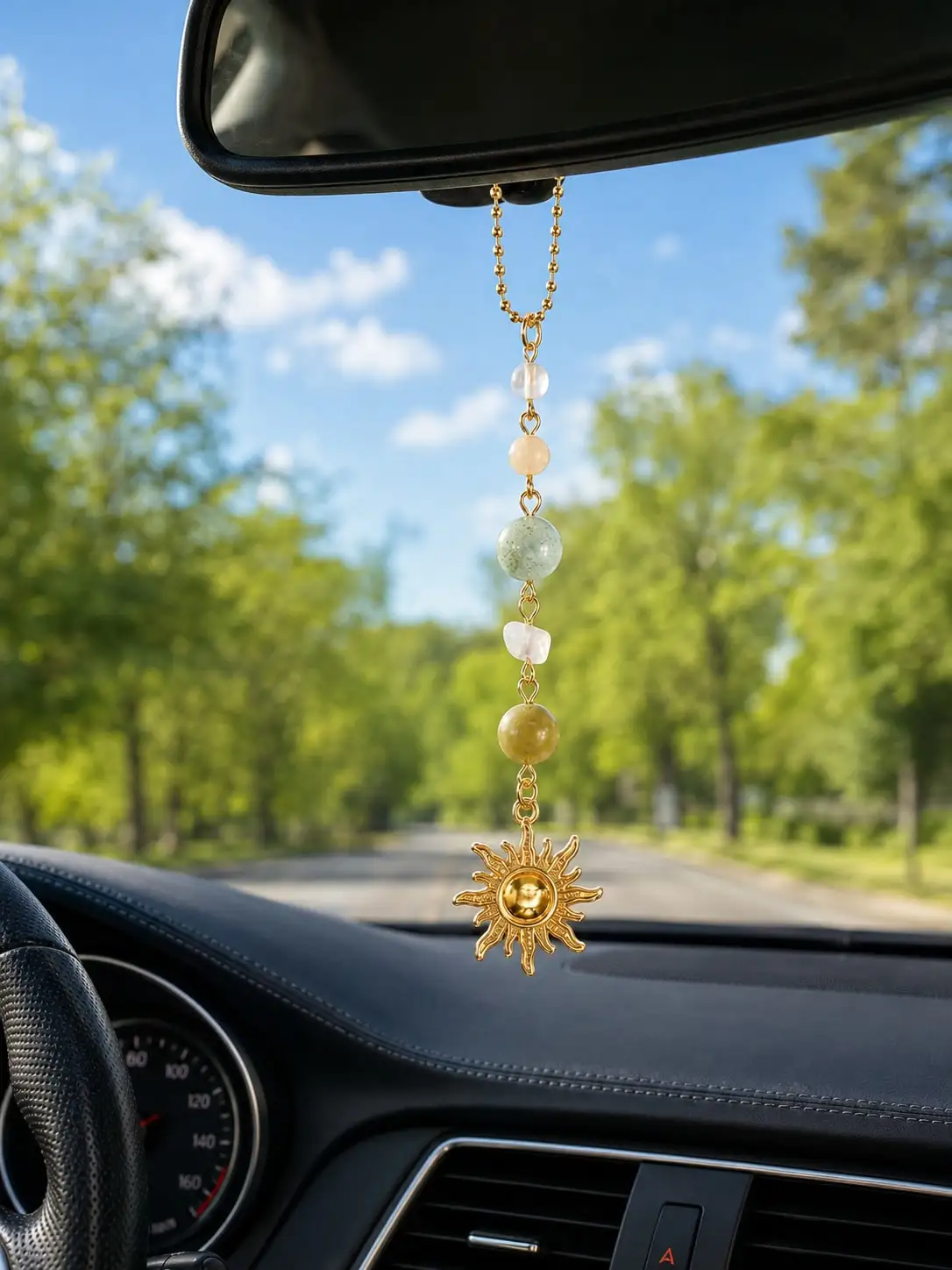Boho Sun Rearview Mirror Hanging Ornament, Handmade Crystal Natural Agate Beads Pendant, Car Interior Decor Accessories