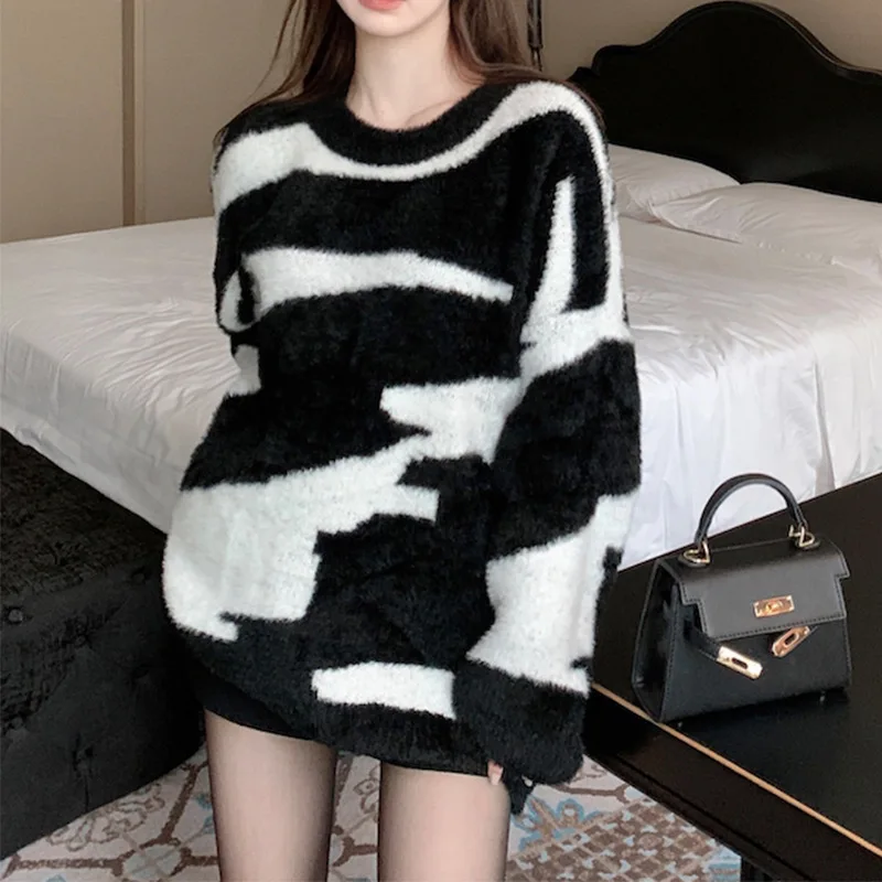 Korean Version Zebra Print Imitation Mink Fur Pullover Sweater For Women In Plus Size, Loose Slimming, Soft And Sticky Knit