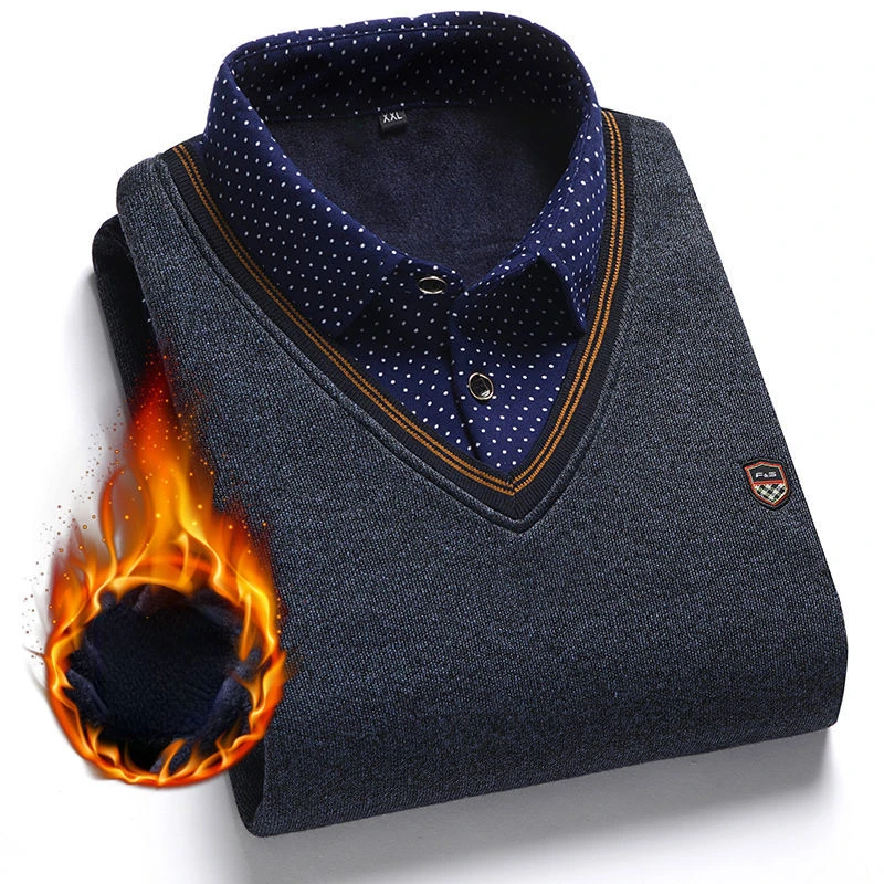 SHiONFA Herbst Winter Herren Langarm Pullover Shirts Gefälschte Zwei Stücke Pullover Fleece Dickes Hemd Gestrickte Casual Kleidung 4XL – Detail 21