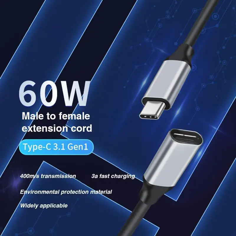 Kabel USB C, kabel USB tipe-c pria ke USBC 3.1 Gen1 kabel ekstensi 4K HD saluran transmisi dengan 3A PD 60W pengisian 400 M/s kabel data