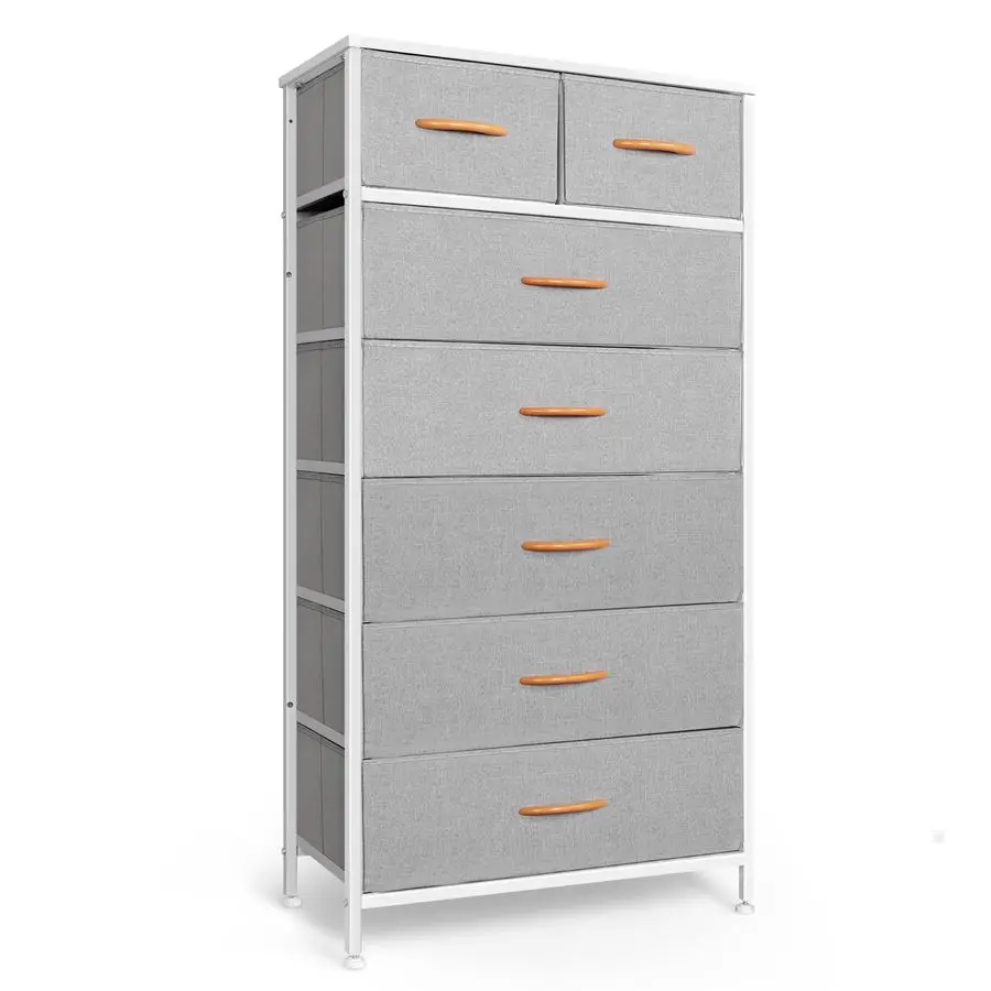 

Tall Dresser for Bedroom, Vertical Storage Organizer Tower with 7 Drawers, Chest of Drawers with Fabric Bins, Steel Frame, Wood