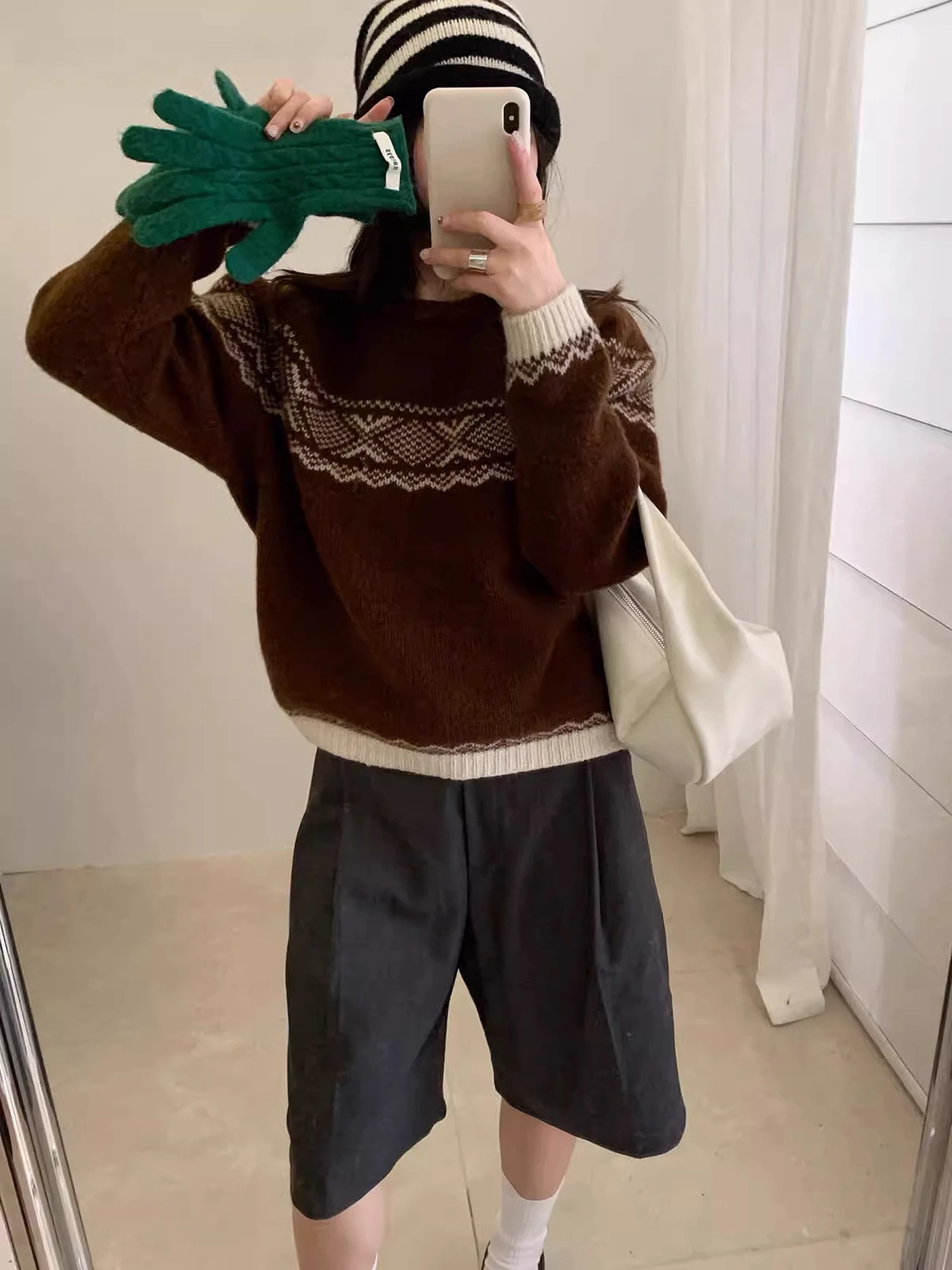 한국 슬레 여성 니트 스웨터 라운드 넥 풀오버 따뜻한 베이스 레이어 페어 아일 패턴 겨울 패션 캐주얼