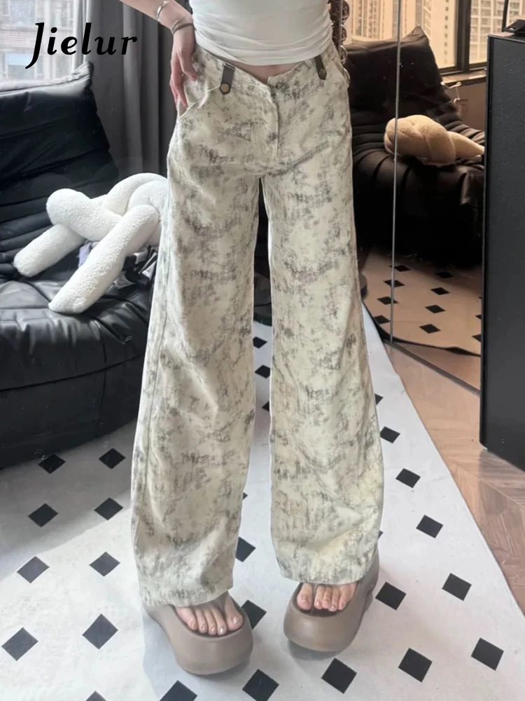 Summer Loose Full Length Casual Street Basic Women Jeans American Vintage Fashion Simple Tie Dye Printing Female Wide Leg Pants