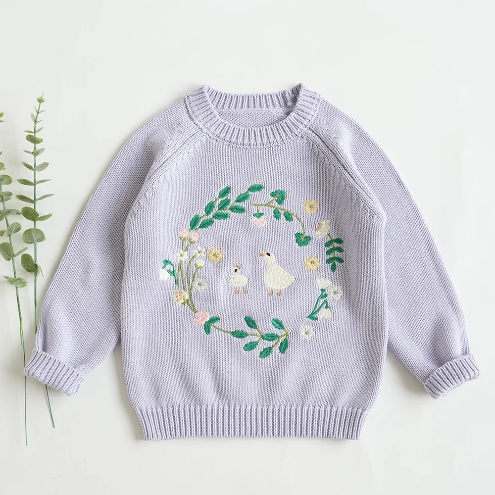 fall winter sweaters baby girls clothes Cartoon small animal embroidered flower wreath pattern light purple knitted pullover