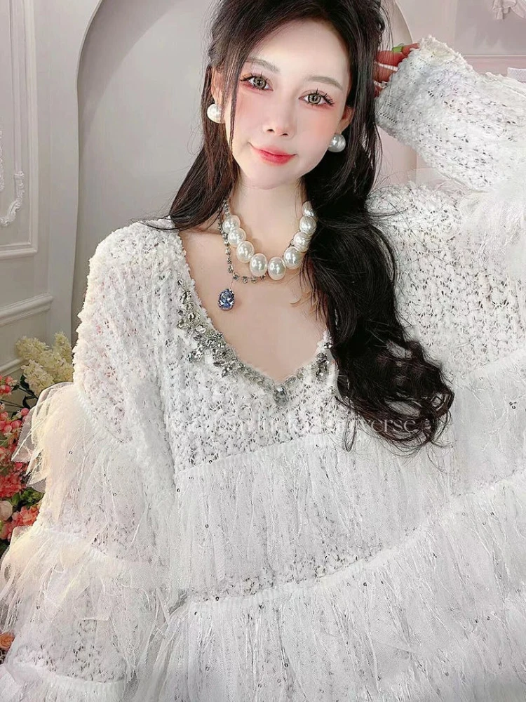 

Heavy industry diamond studded layered tassel edge sweater women's autumn winter 2025 new loose temperament knitted top