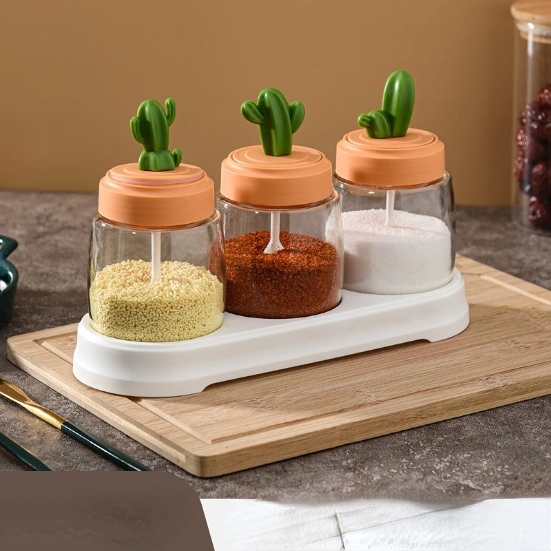 

Cactus Kitchen Seasoning Pot Salt Pot Seasoning Box Seasoning Bottle Combination Set Glass Seasoning Pot Bottle Home Use