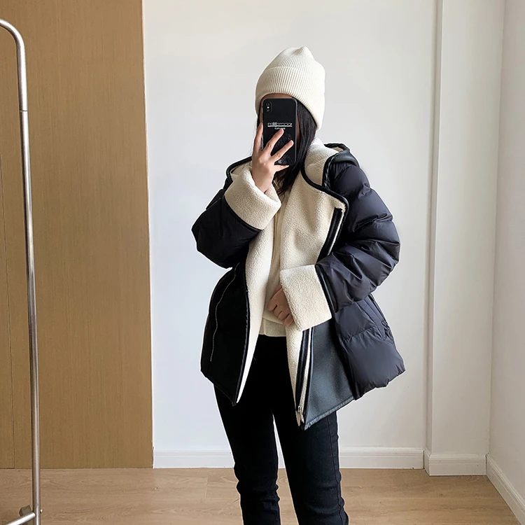 Schinteon Women Lambswool White Duck Down Jacket with Hood Autumn Winter Warm Outwear Casual Patchwork Coat European Style