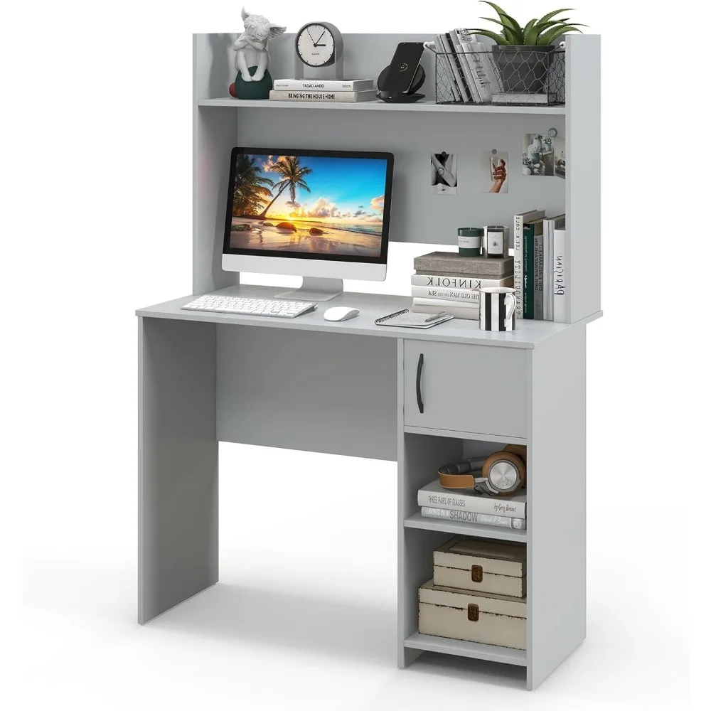 

Computer Desk with Hutch, Home Office Desk with Raised Display Shelf & 2 Open Shelves, Cabinet with Door, Cable Managem