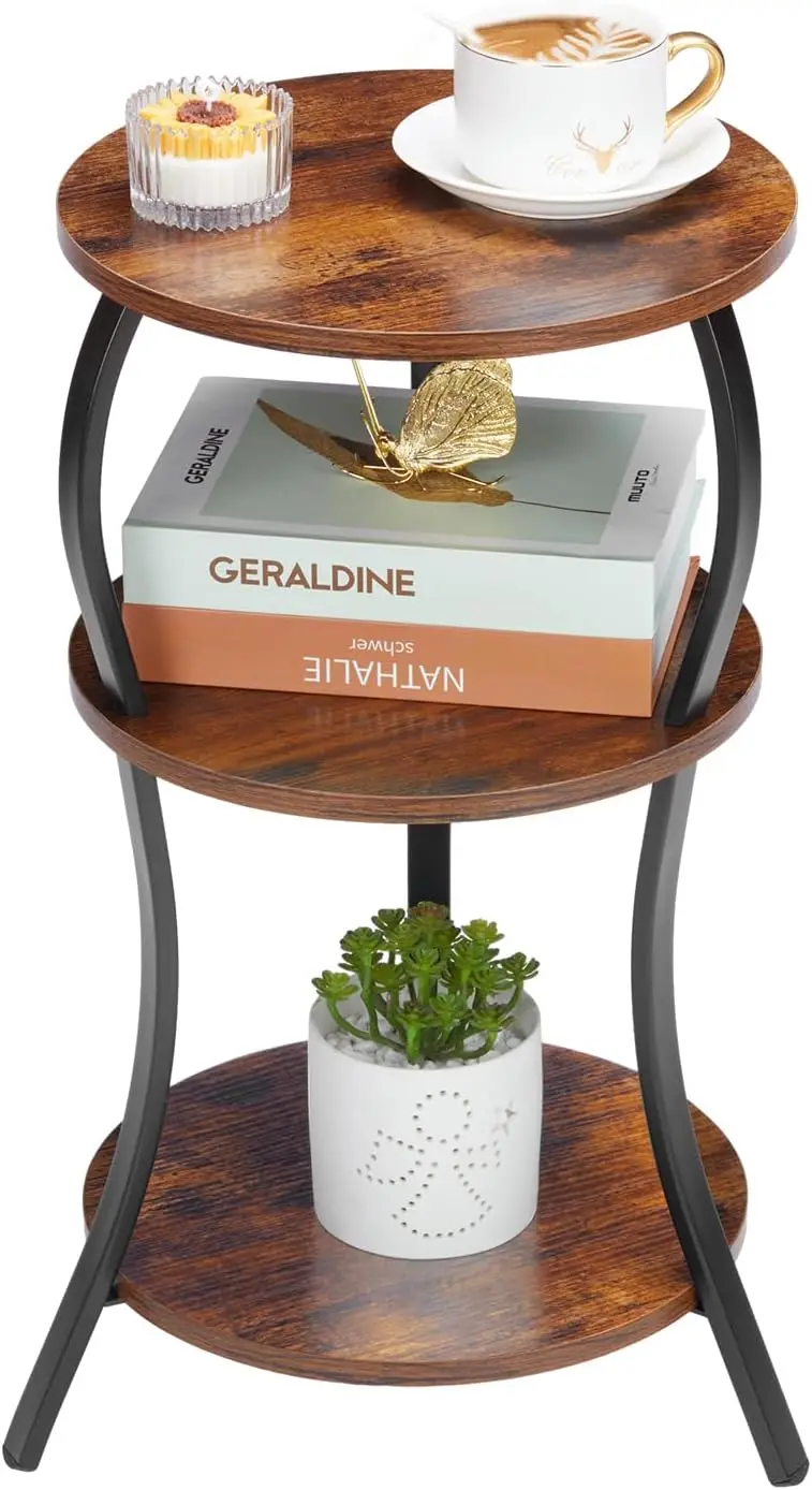 

Vintage Small Round Side Table, 3-Tier Slim Waist Circular End Table with Storage Shelf, Compact Tea Sofa Table, Round C