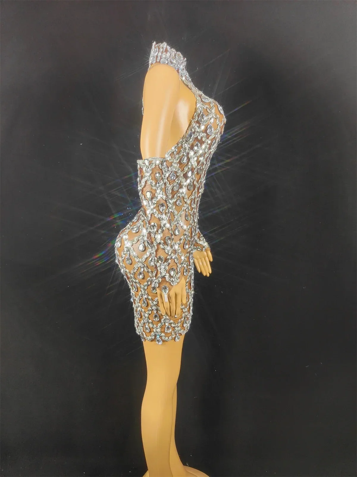 Vestido de cumpleaños para mujer con cristales plateados y brillantes, malla para celebración en club nocturno, fiesta de graduación, traje de Drag Queen, ropa de escenario para cantante