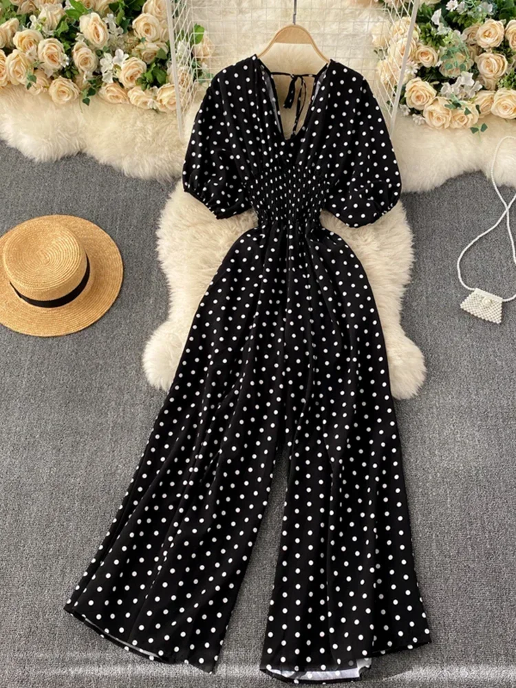 Summer Women\'s One Piece Jumpsuit Korean Retro V-neck Polka Dot Puff Sleeve Jumpsuit New Belt Wide-leg Jumpsuit LH543