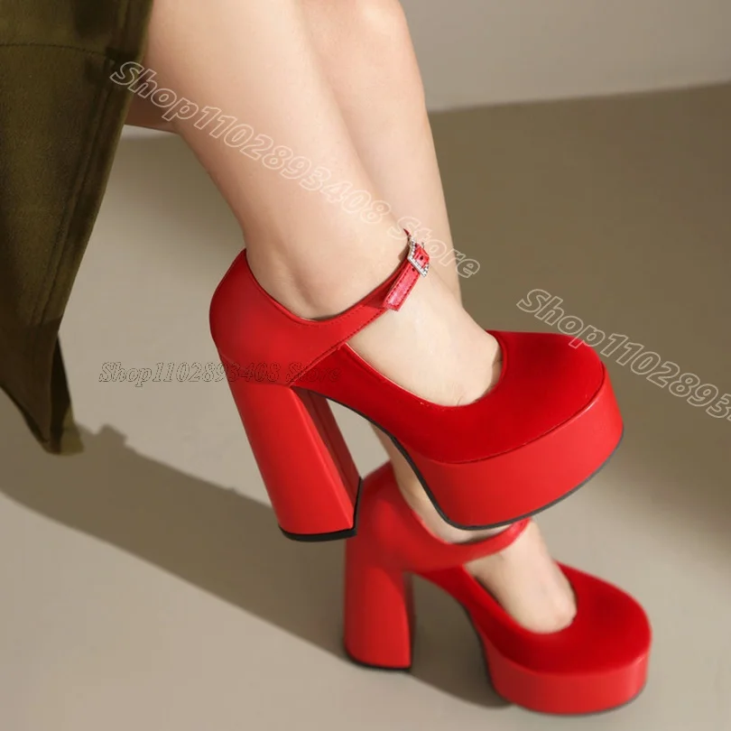 

Red Platform Ankle Buckle Pumps Round Toe Chunky Heels Patchwork Design British Style Leather Women Shoes Zapatos Para Mujere