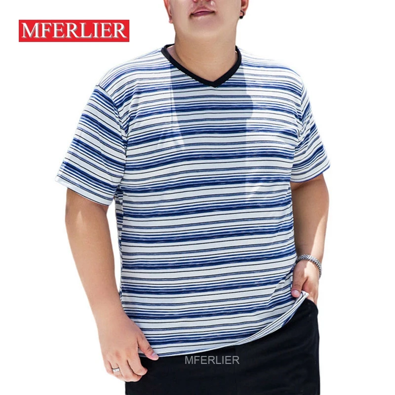 145KG Plus Size Summer Oversized T-shirt Men 7XL V-neck Striped Loose T-shirts