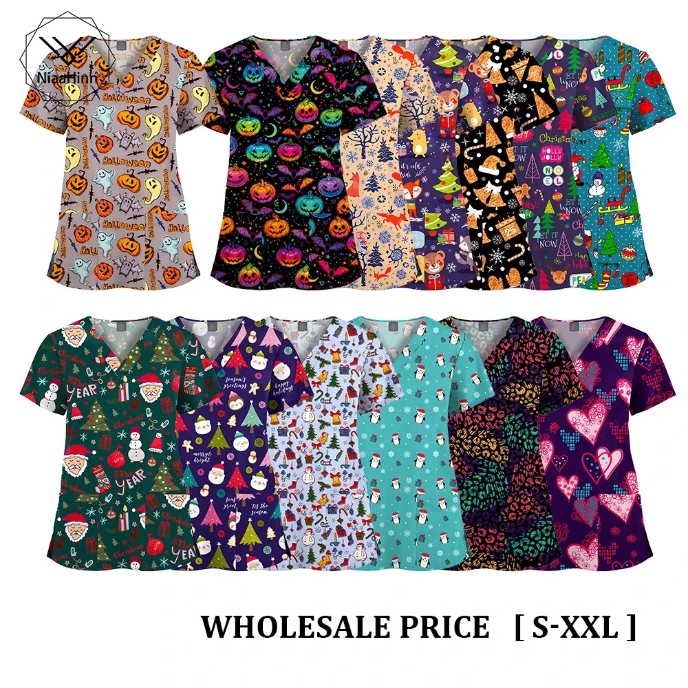 Female Cute Cartoon Animals Printed Nursing Scrubs Women Tops Short Sleeve V-neck Working Uniform Blouse Costume Shirt Wholesale