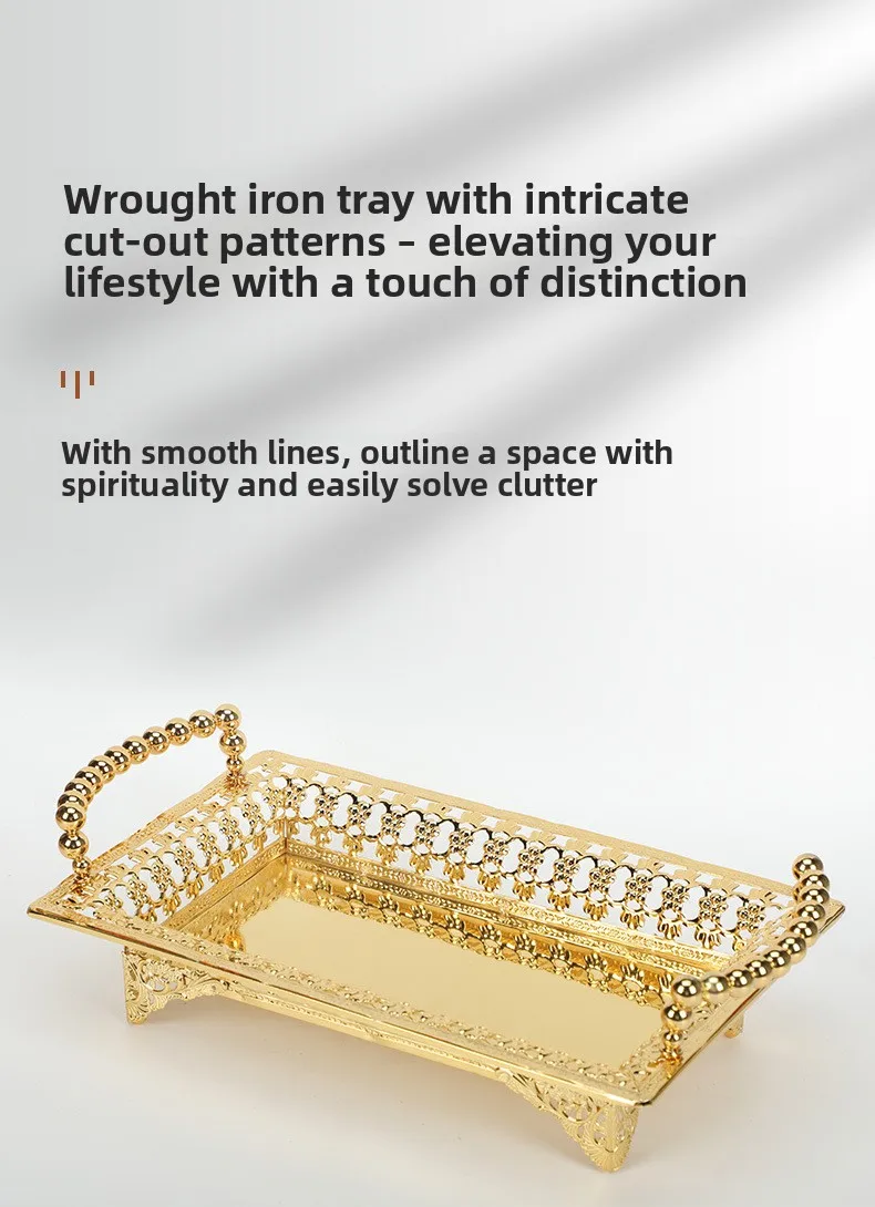 

HYS wrought iron long tray, gold and silver hollow fruit snack storage tray, hotel snack fruit tray.