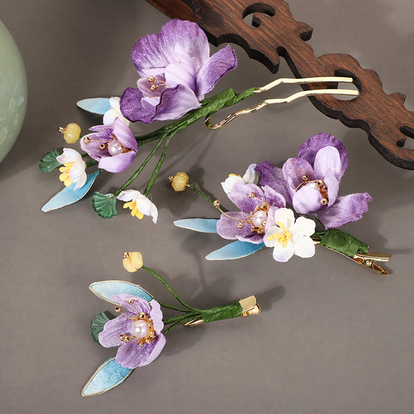 Purple Flower Hairpins U Shaped Hair Sticks Forks Elegant Floral Headpieces Retro Chinese Style Hairclips Women Hair Jewelry