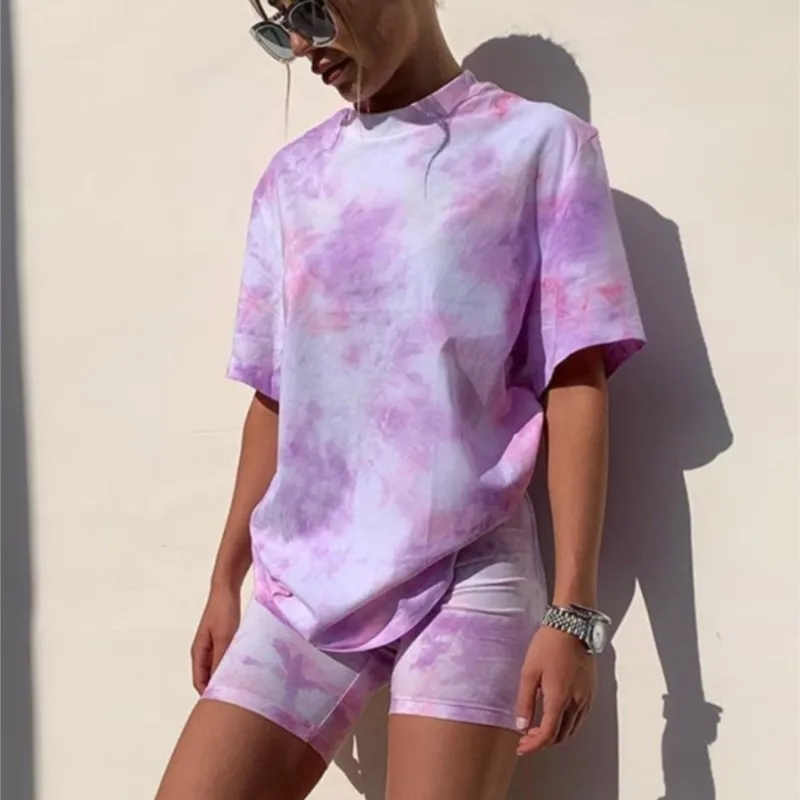 Tie Dye Printed Two Pieces Set Women Basic Tshirt Shorts Casual Outfits Lounge Wear Fashion Contrast Jogging Female Biker Outfit