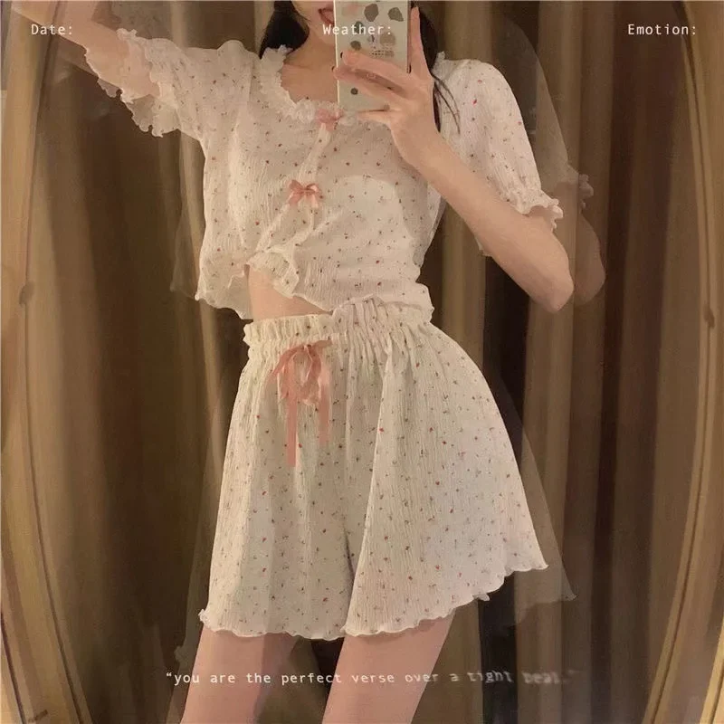 Summer Girls Short Sleeves 2/pce Pajama Lady Floral Print Casual Loose Pajama Loungewear Women Lace Bows Indoor Sleepwear Pajama view 2