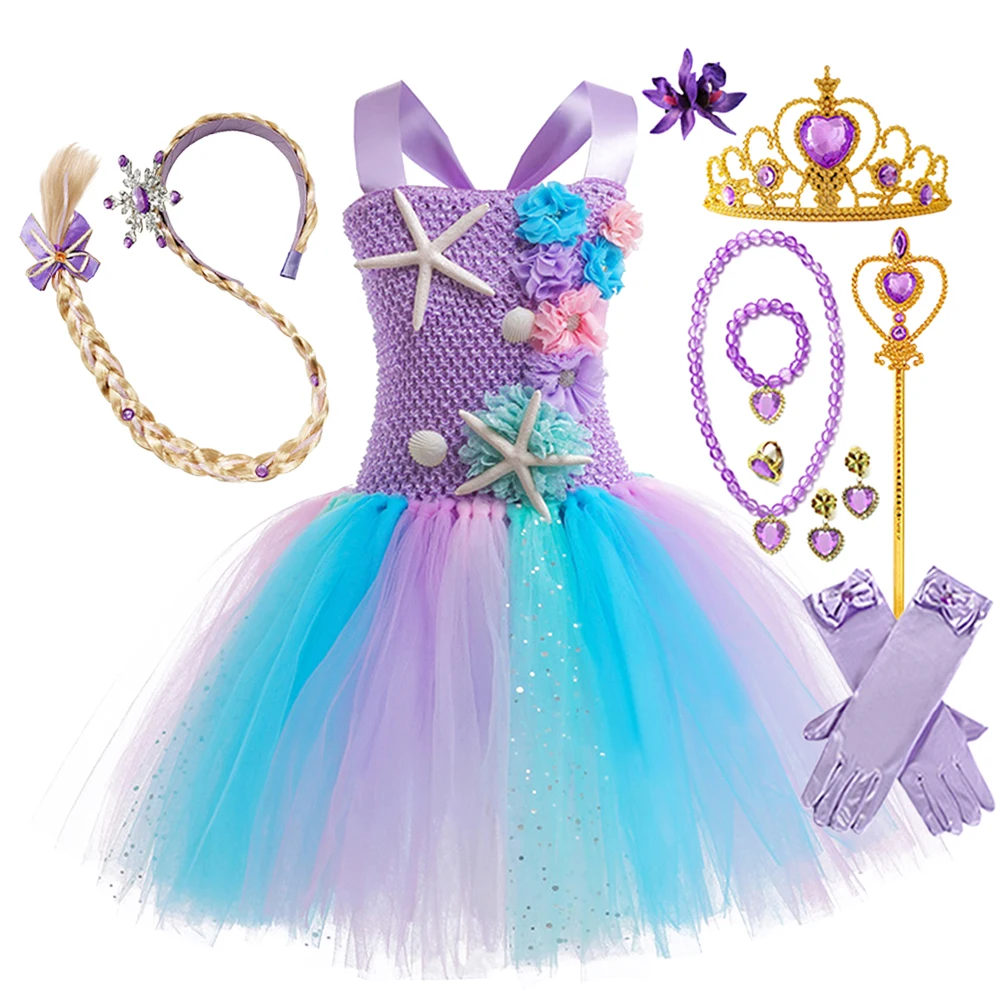 

Girls Mermaid Costumes Tutu Dress With Flower Headband For Halloween Sea Theme Birthday Party Outfit