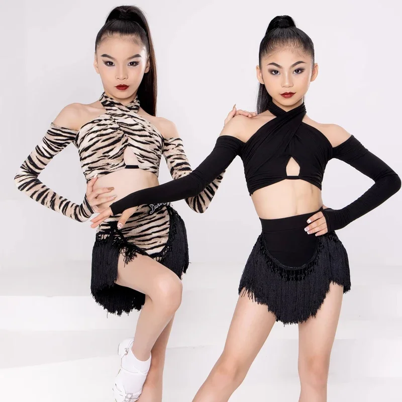 

Kids Long Sleeved Latin Dancing Dresses Girls Latin Dance Competition Costume Black Leopard Latin Top Fringed Skirt