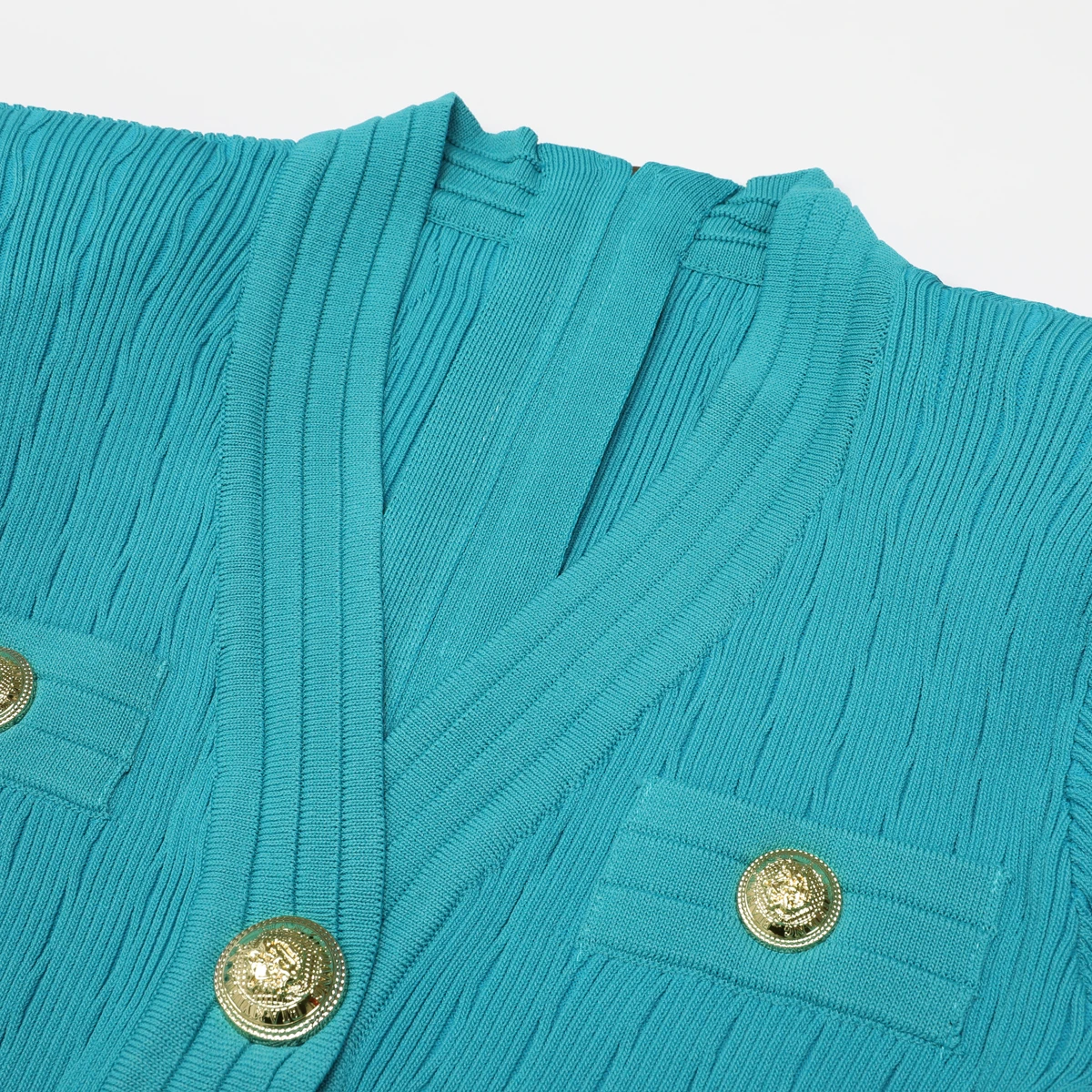 

2665 High-Quality New Fashionable Temperament Commuting Gold Buckle Knitted Fabric V-Neck Slim Fit Short Sleeved Dress