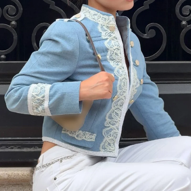 French Elegant Lace Trim Cropped Napoleon Jacket Stand Collar Epitape Slim Short Coat Spring Fall Retro Women Uniform Outerwear