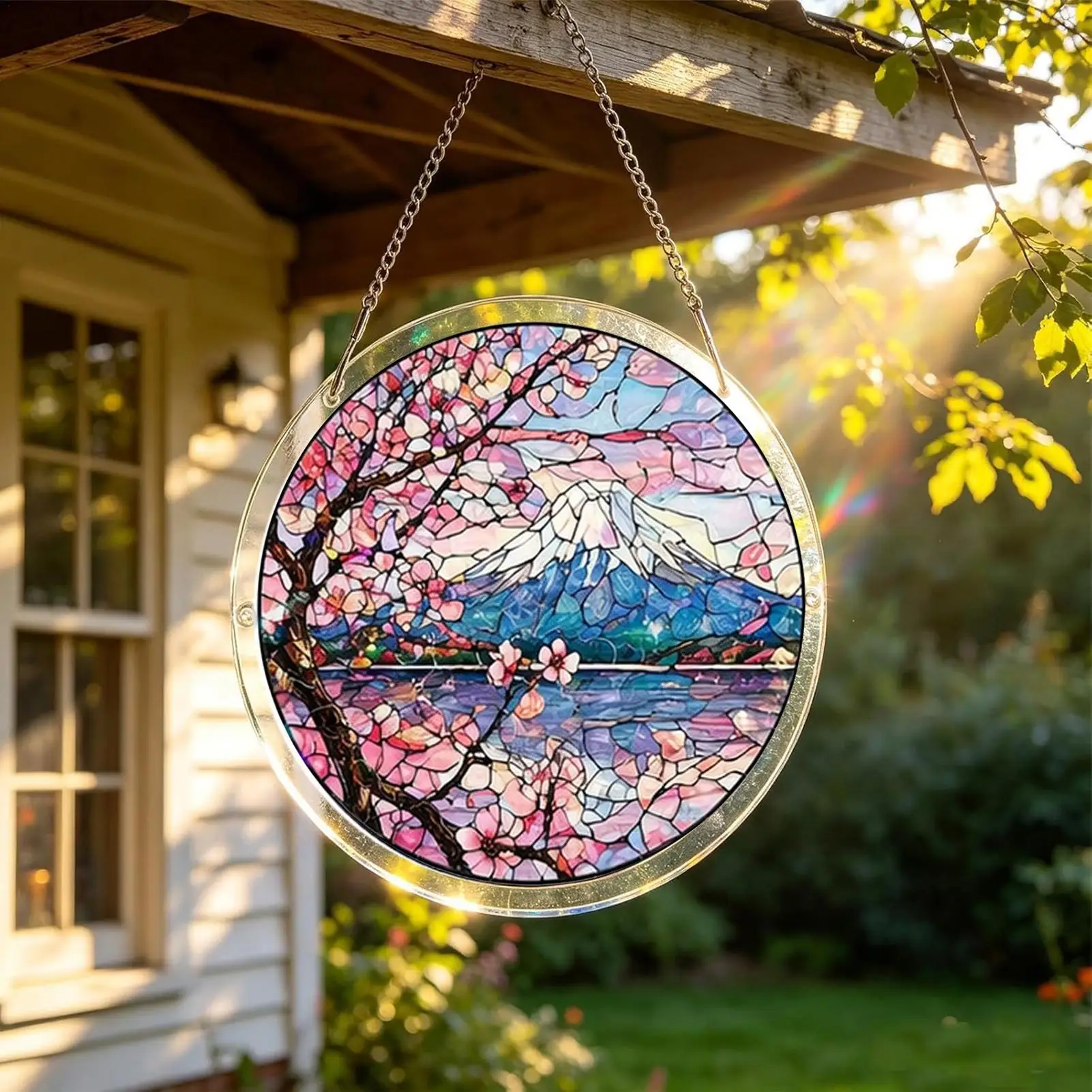 Sunlight Catcher For Window 2D Flat Round Decoration With Chain Acrylic Window Ornament Colorful Decor For Porch Garden Balcony