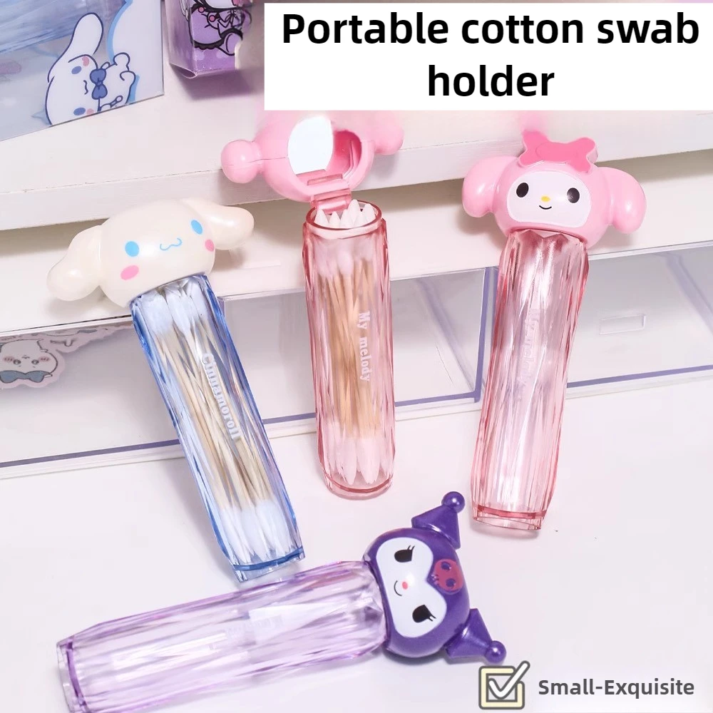 Creative Sanrio Kuromi Cinnamoroll Cotton Swab Storage Box with Mirror Kawaii Ortable My Melody Travel Swabs Storage Box Gift