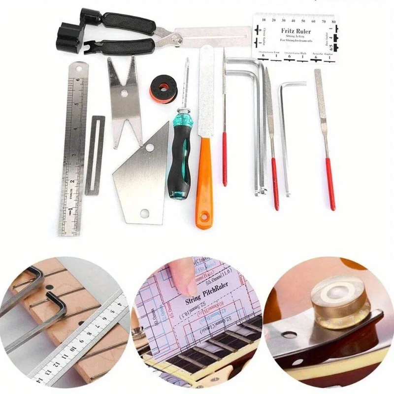 20PCS Guitar Luthier Tool Set-Guitar Maintenance and Repair Kit with Leveling Ruler Fret Files String Action Gauge Sanding Tools