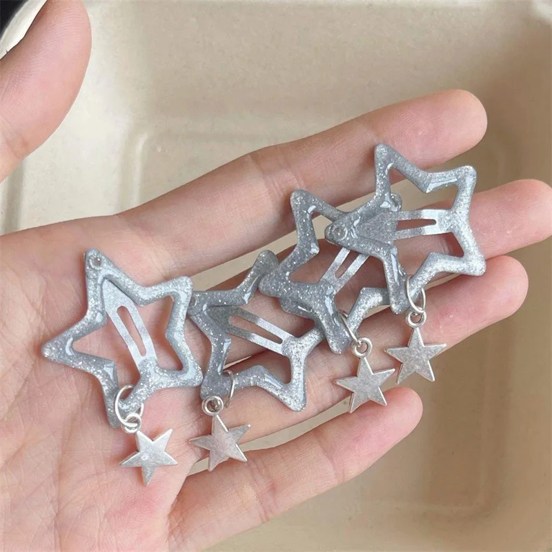 4pcs Y2K Silver Star Hair Clips for Girls Metal Snap Clip Hairpins Barrettes Hair Grip Personalized Trend Jewel Hair Accessories
