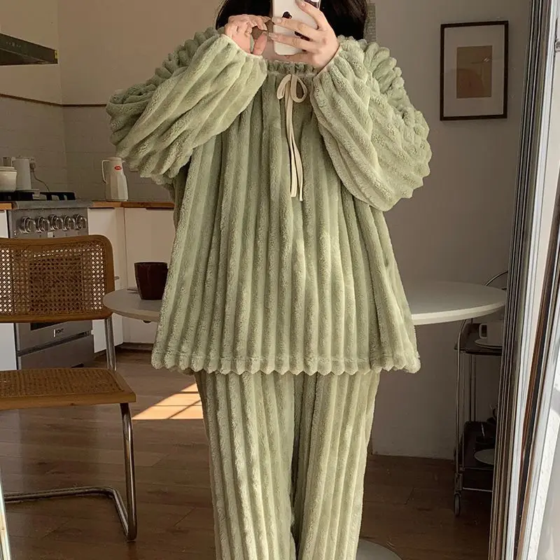 

Женские фланелевые пижамы для девочек, модная одежда для сна на флисовой подкладке, сохраняющая тепло, утолщенная версия, осенне-зимняя домашняя одежда из кораллового флиса